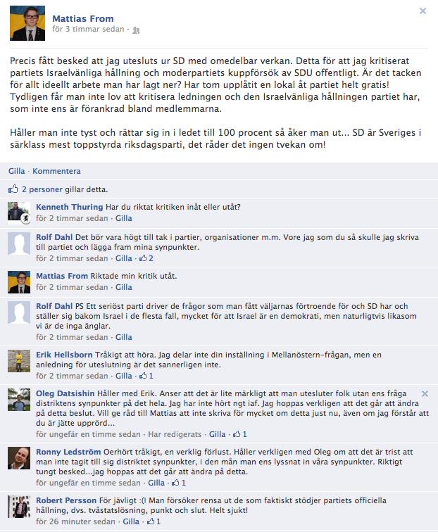 Mattias From, SD, SDU, Uteslutning,  Sionister, Sverigedemokraterna, Martin Kinnunen, Israel
